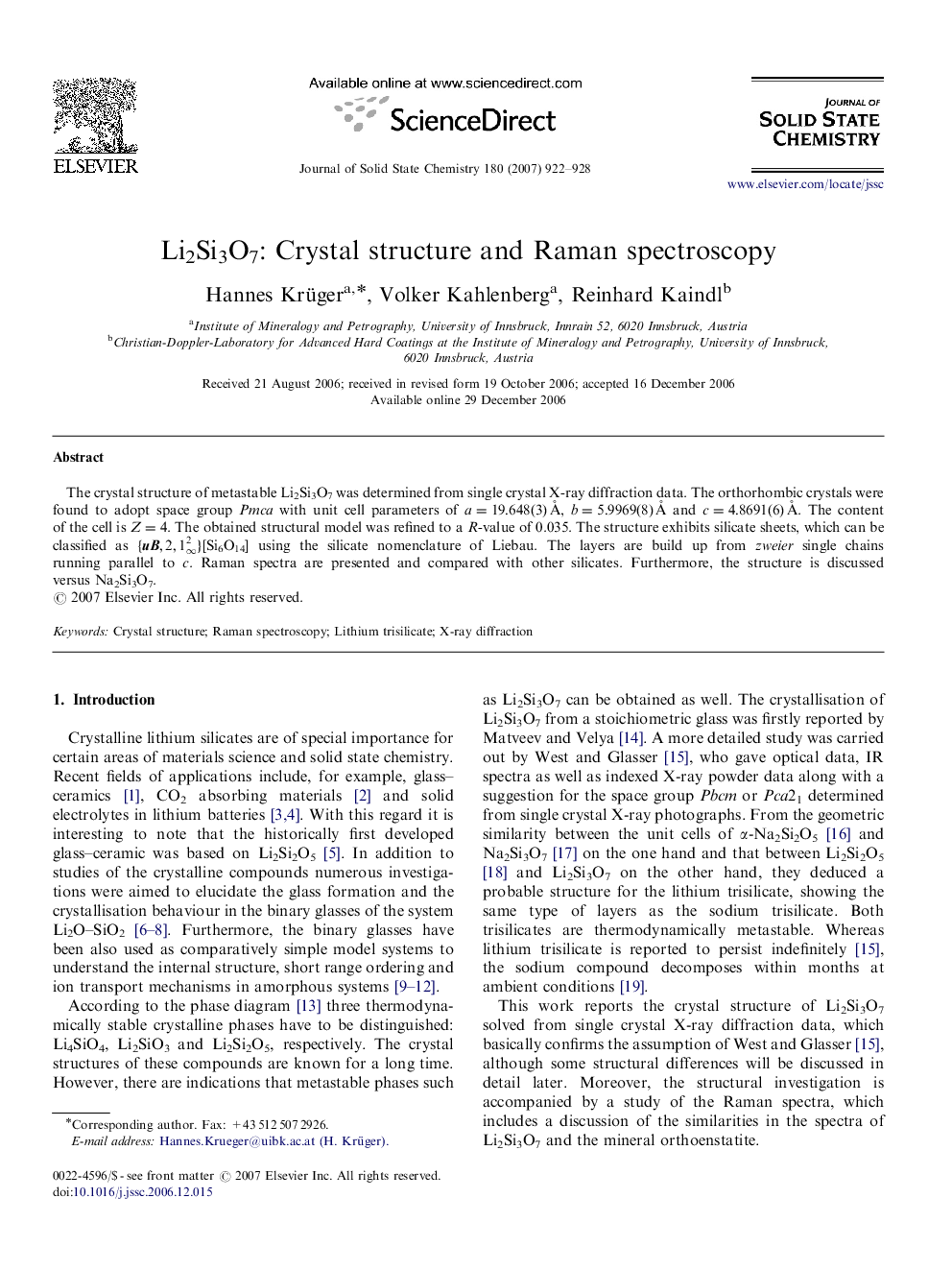 Li2Si3O7: Crystal structure and Raman spectroscopy