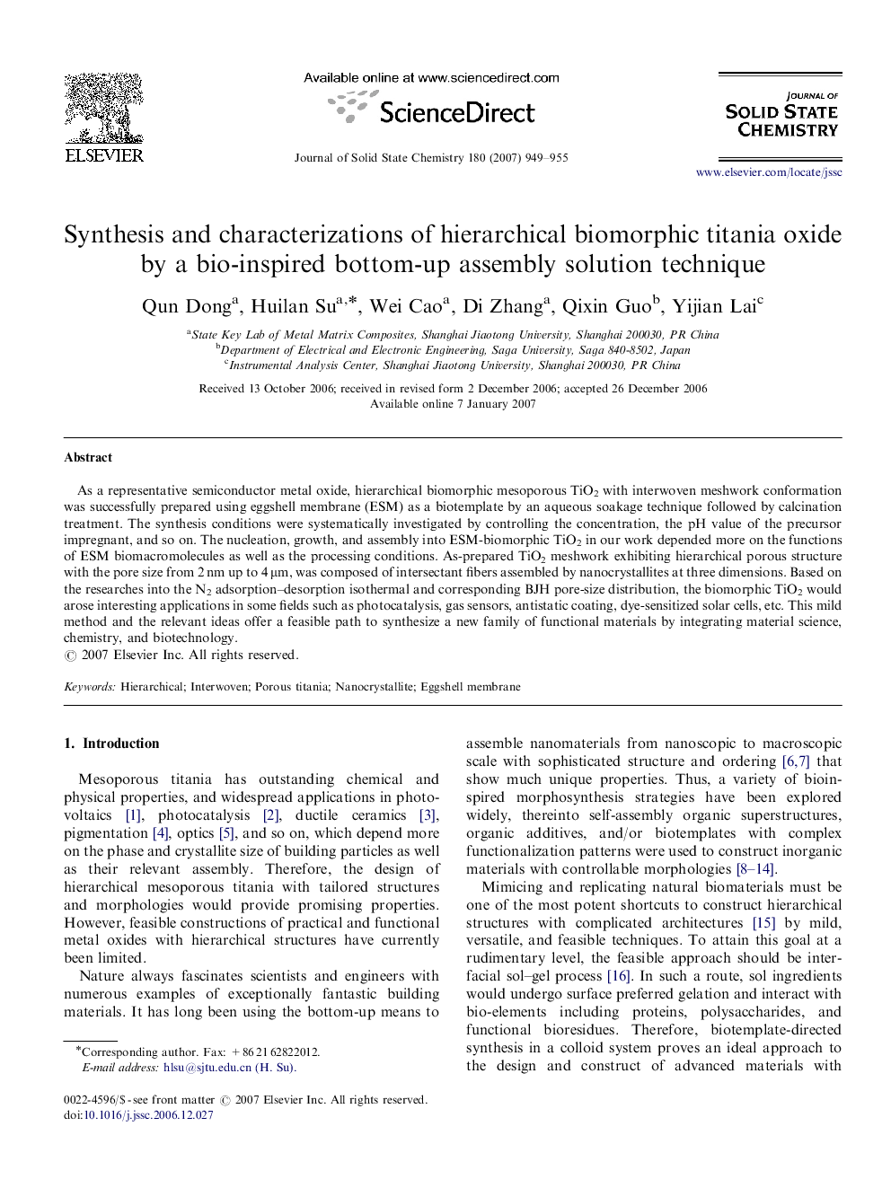 Synthesis and characterizations of hierarchical biomorphic titania oxide by a bio-inspired bottom-up assembly solution technique