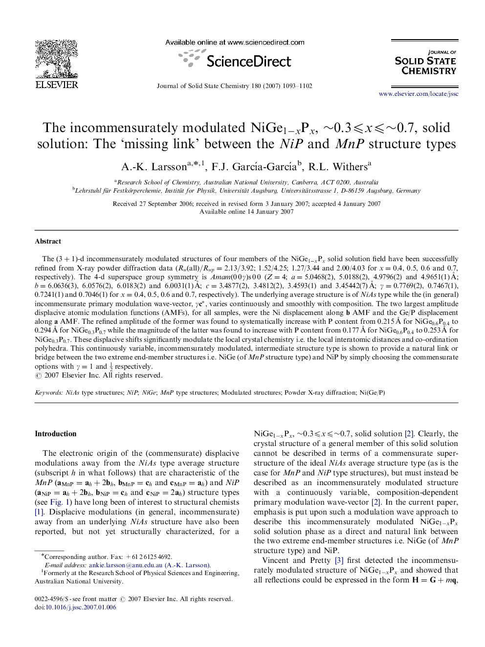 عکس صفحه اول مقاله: The incommensurately modulated NiGe1-xPx, â¼0.3⩽x⩽â¼0.7, solid solution: The 'missing link' between the NiP and MnP structure types The incommensurately modulated NiGe1-xPx, â¼0.3⩽x⩽â¼0.7, solid solution: The 'missing link' between the NiP and MnP structure types
