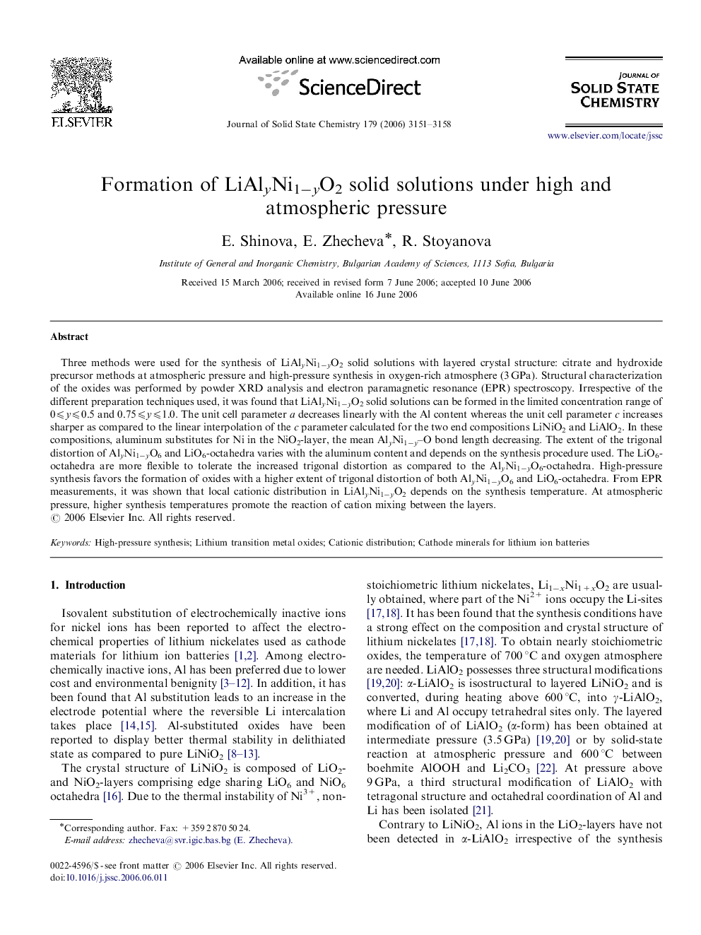 Formation of LiAlyNi1−yO2 solid solutions under high and atmospheric pressure