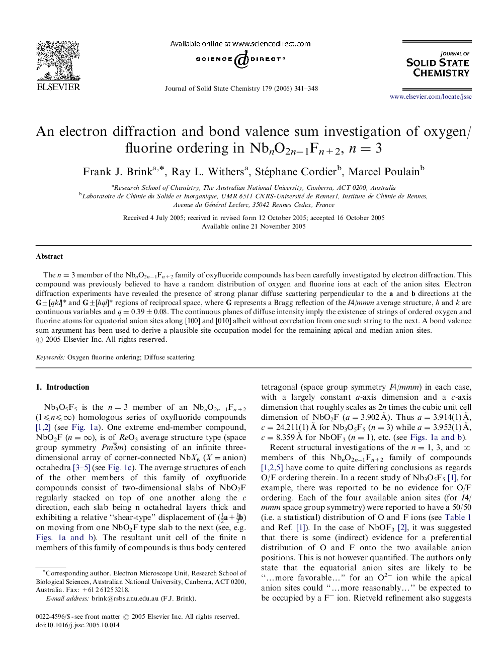 An electron diffraction and bond valence sum investigation of oxygen/fluorine ordering in NbnO2n−1Fn+2, n=3n=3