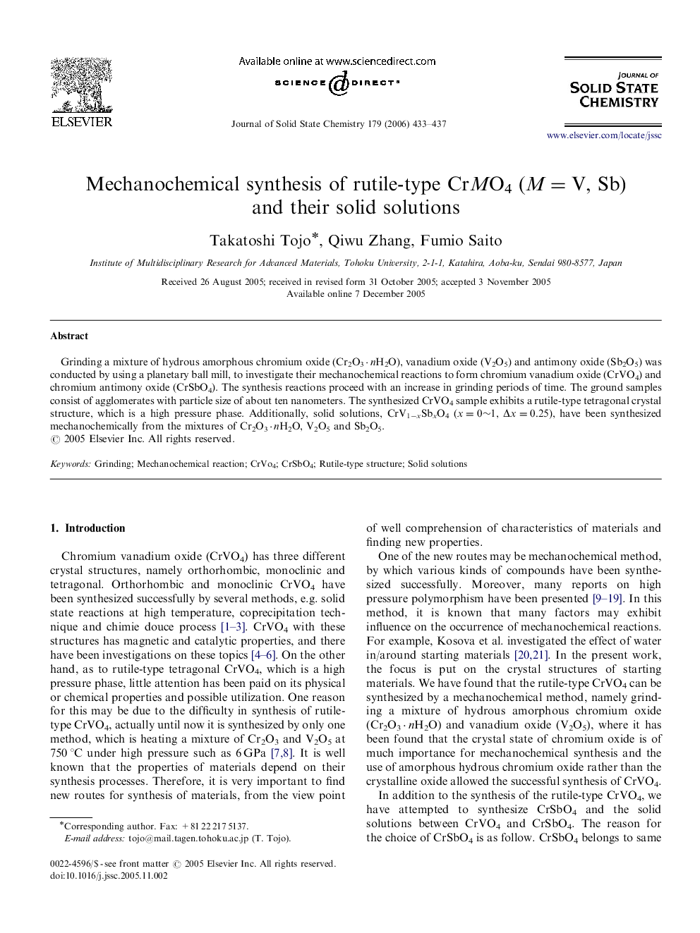 Mechanochemical synthesis of rutile-type CrMO4 (M=V, Sb) and their solid solutions