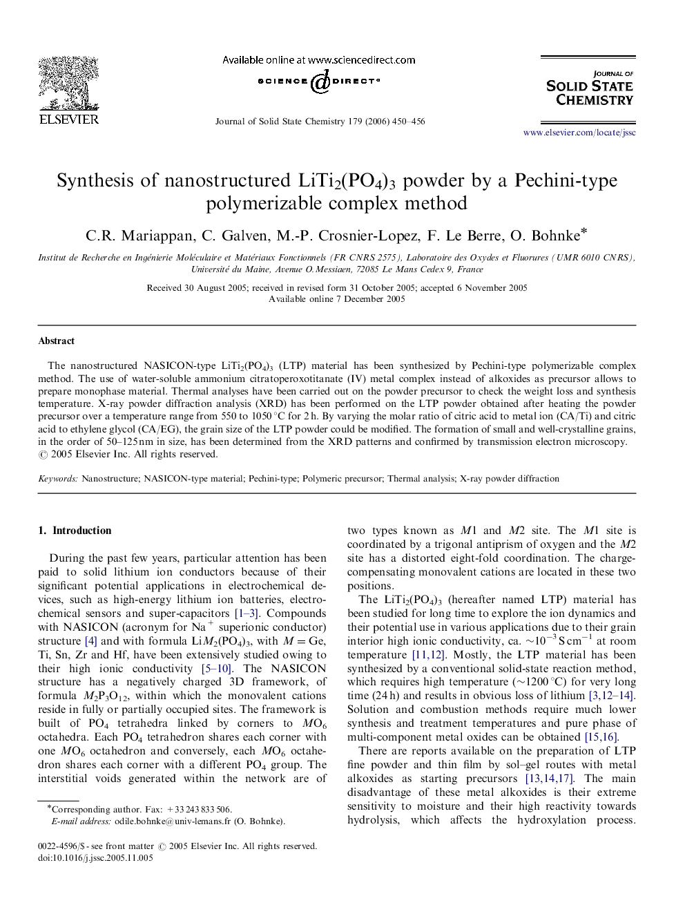 Synthesis of nanostructured LiTi2(PO4)3 powder by a Pechini-type polymerizable complex method