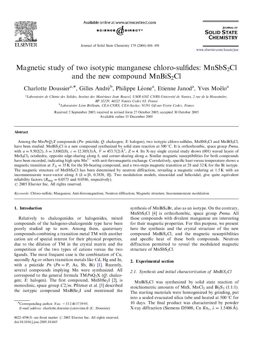 Magnetic study of two isotypic manganese chloro-sulfides: MnSbS2Cl and the new compound MnBiS2Cl