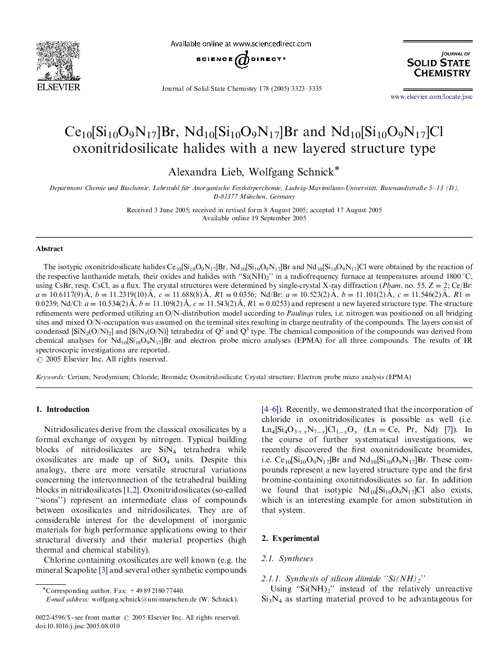 Ce10[Si10O9N17]Br, Nd10[Si10O9N17]Br and Nd10[Si10O9N17]Cl oxonitridosilicate halides with a new layered structure type