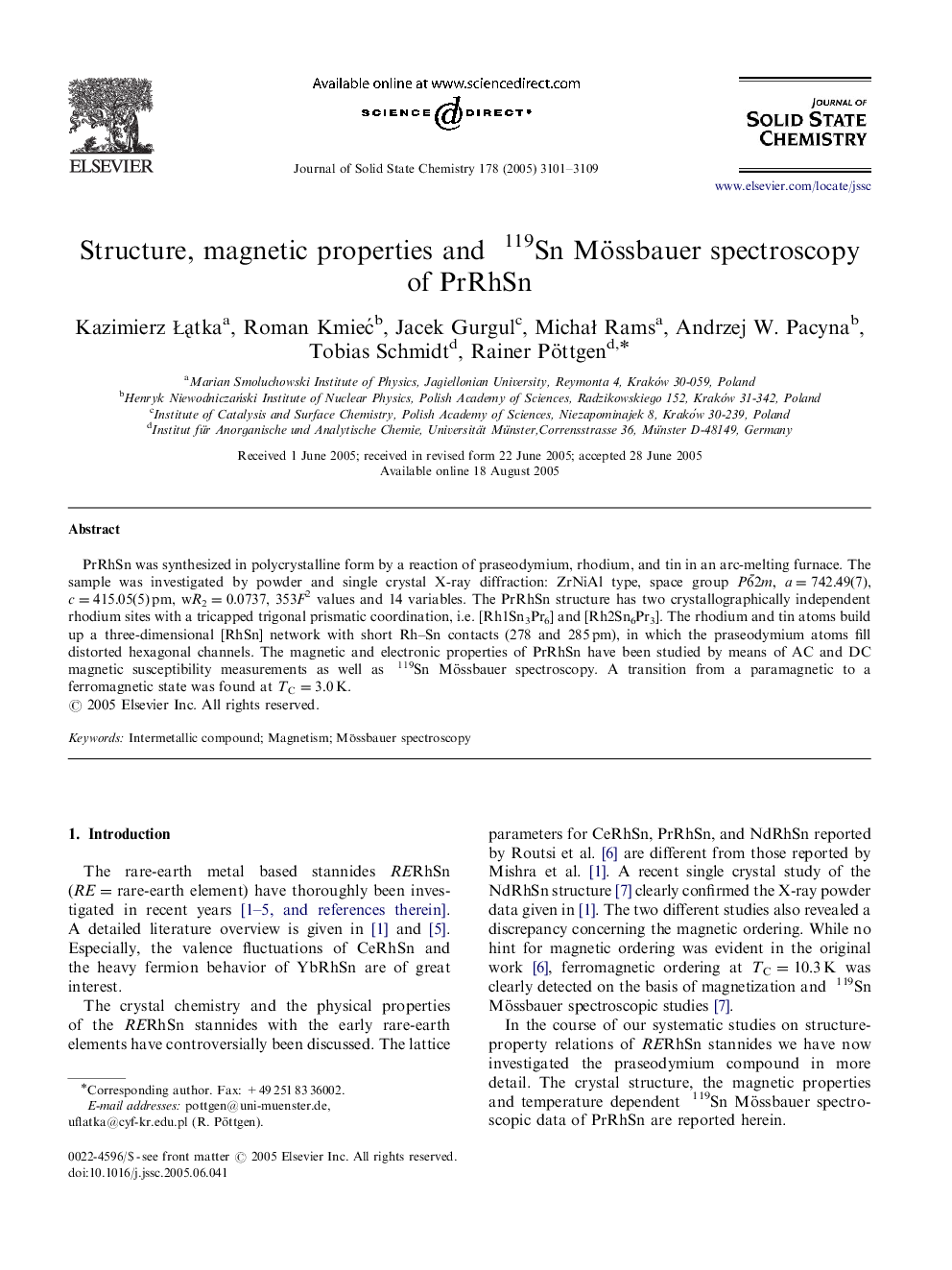 Structure, magnetic properties and 119Sn Mössbauer spectroscopy of PrRhSn