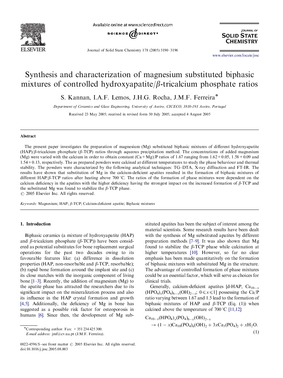 Synthesis and characterization of magnesium substituted biphasic mixtures of controlled hydroxyapatite/β-tricalcium phosphate ratios