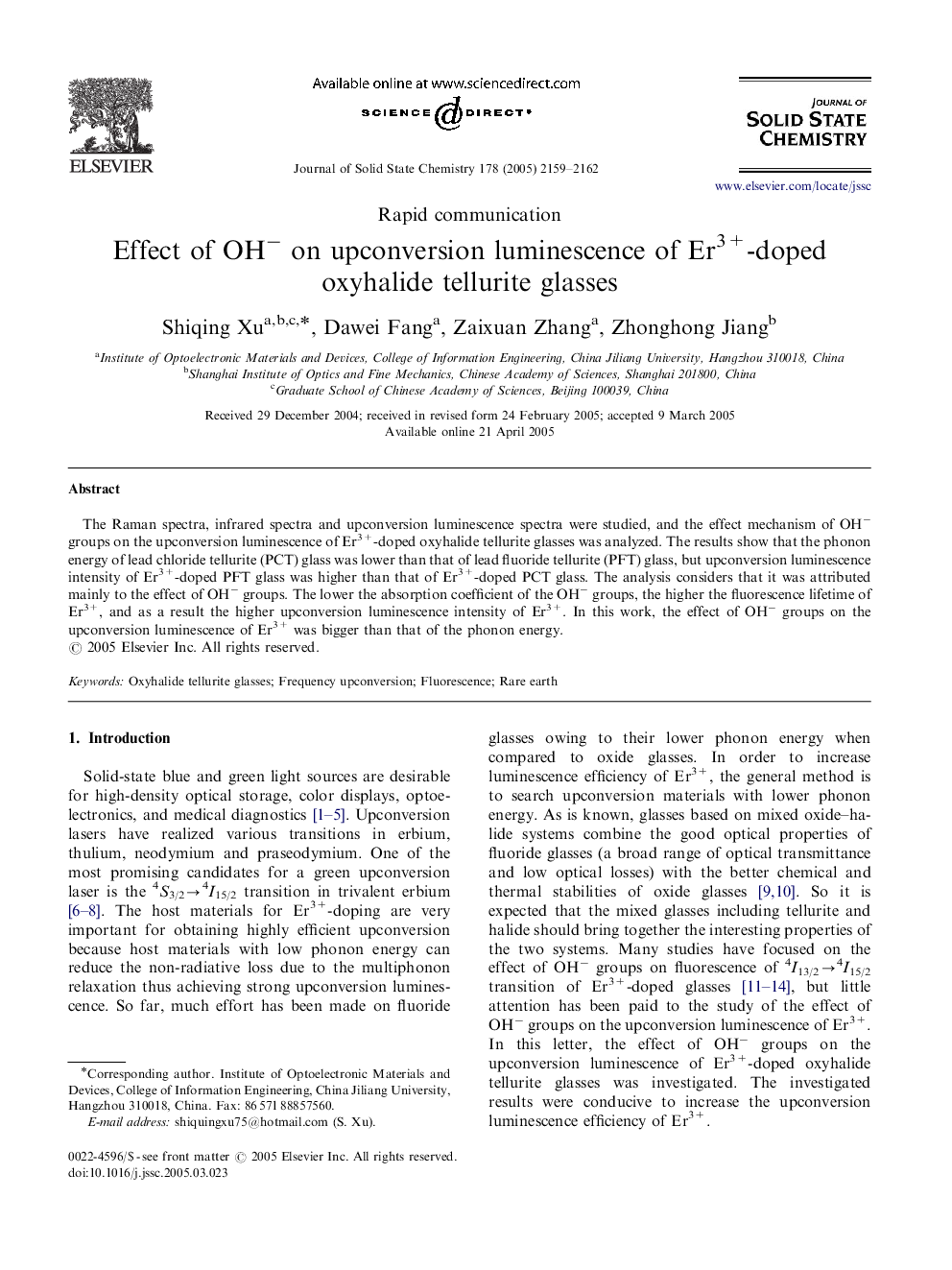 Effect of OH− on upconversion luminescence of Er3+-doped oxyhalide tellurite glasses