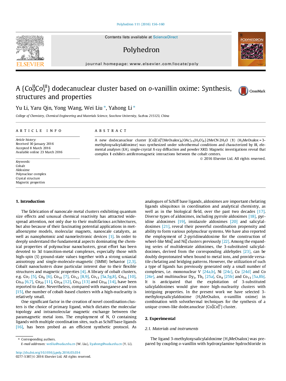 A {CoII9CoIII3} dodecanuclear cluster based on o-vanillin oxime: Synthesis, structures and properties