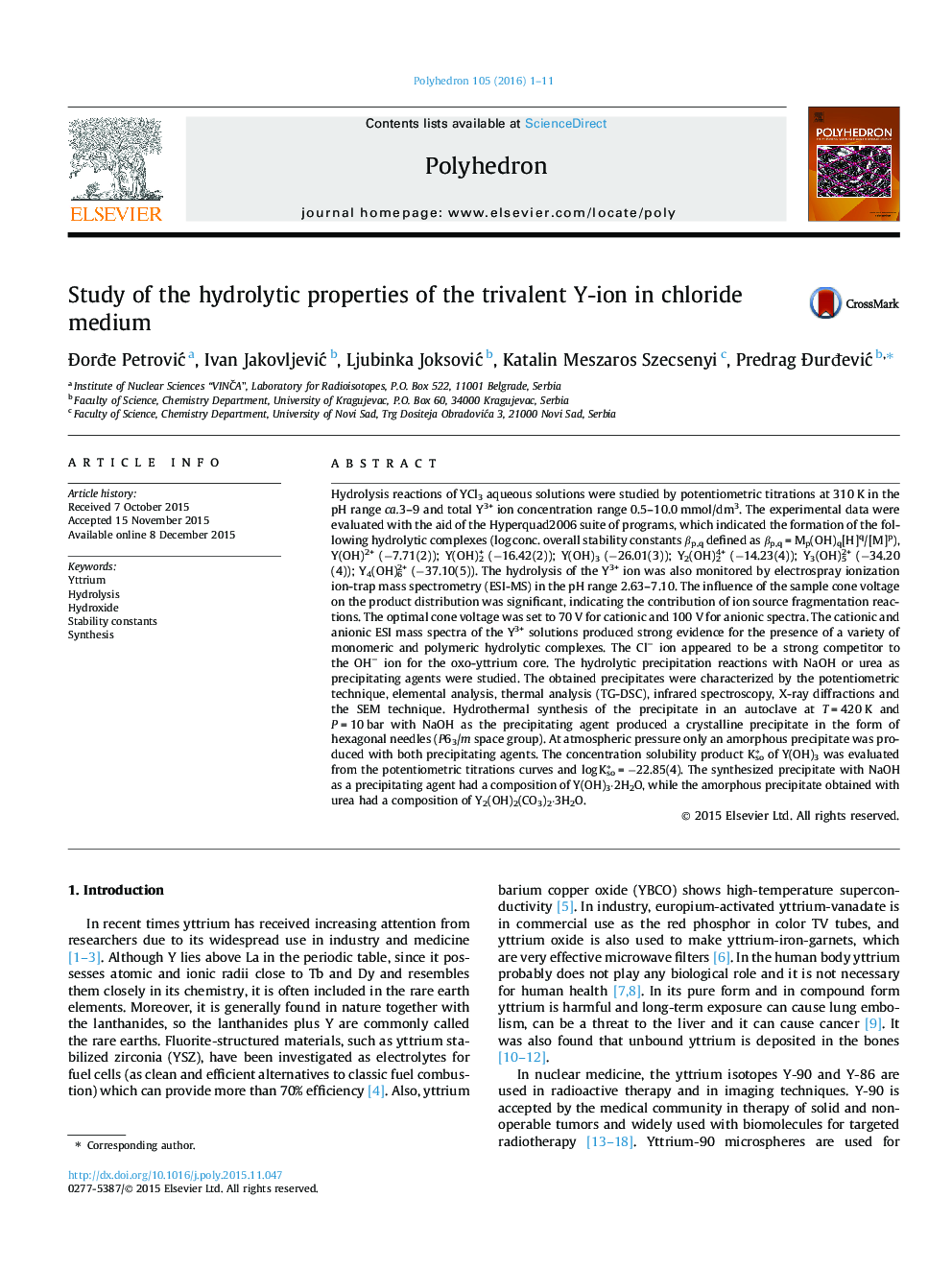 Study of the hydrolytic properties of the trivalent Y-ion in chloride medium