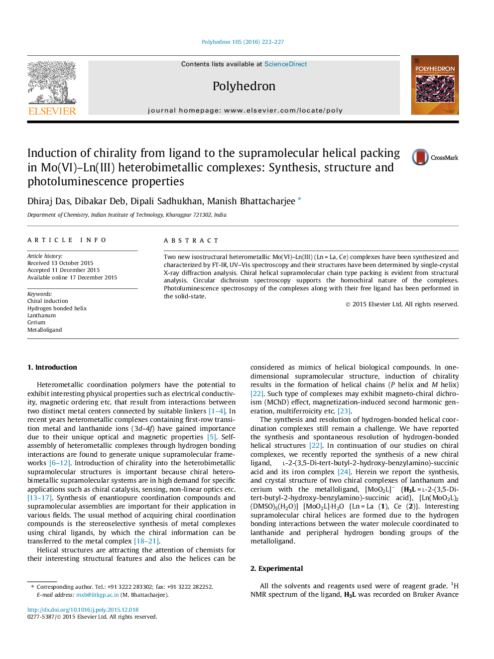 عکس صفحه اول مقاله: Induction of chirality from ligand to the supramolecular helical packing in Mo(VI)–Ln(III) heterobimetallic complexes: Synthesis, structure and photoluminescence properties Induction of chirality from ligand to the supramolecular helical packing in Mo(VI)–Ln(III) heterobimetallic complexes: Synthesis, structure and photoluminescence properties