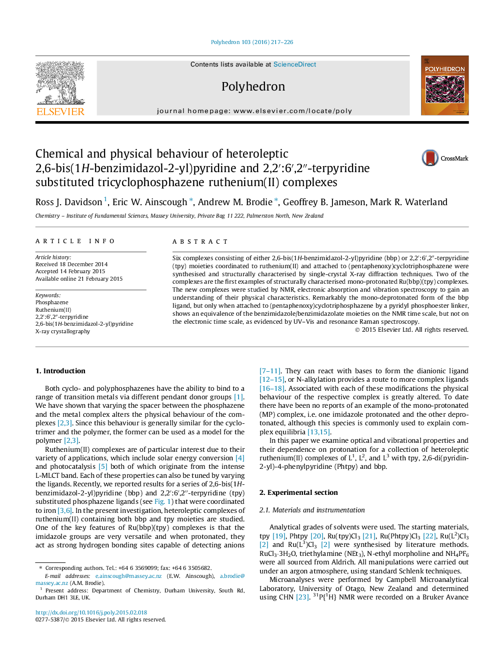 عکس صفحه اول مقاله: Chemical and physical behaviour of heteroleptic 2,6-bis(1H-benzimidazol-2-yl)pyridine and 2,2′:6′,2″-terpyridine substituted tricyclophosphazene ruthenium(II) complexes Chemical and physical behaviour of heteroleptic 2,6-bis(1H-benzimidazol-2-yl)pyridine and 2,2′:6′,2″-terpyridine substituted tricyclophosphazene ruthenium(II) complexes