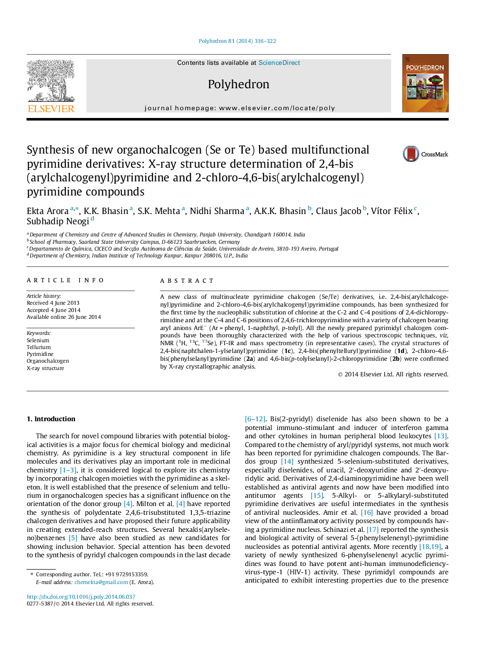 Synthesis of new organochalcogen (Se or Te) based multifunctional pyrimidine derivatives: X-ray structure determination of 2,4-bis(arylchalcogenyl)pyrimidine and 2-chloro-4,6-bis(arylchalcogenyl)pyrimidine compounds