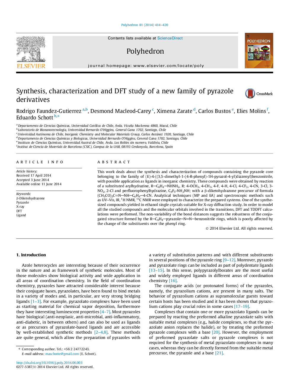 Synthesis, characterization and DFT study of a new family of pyrazole derivatives