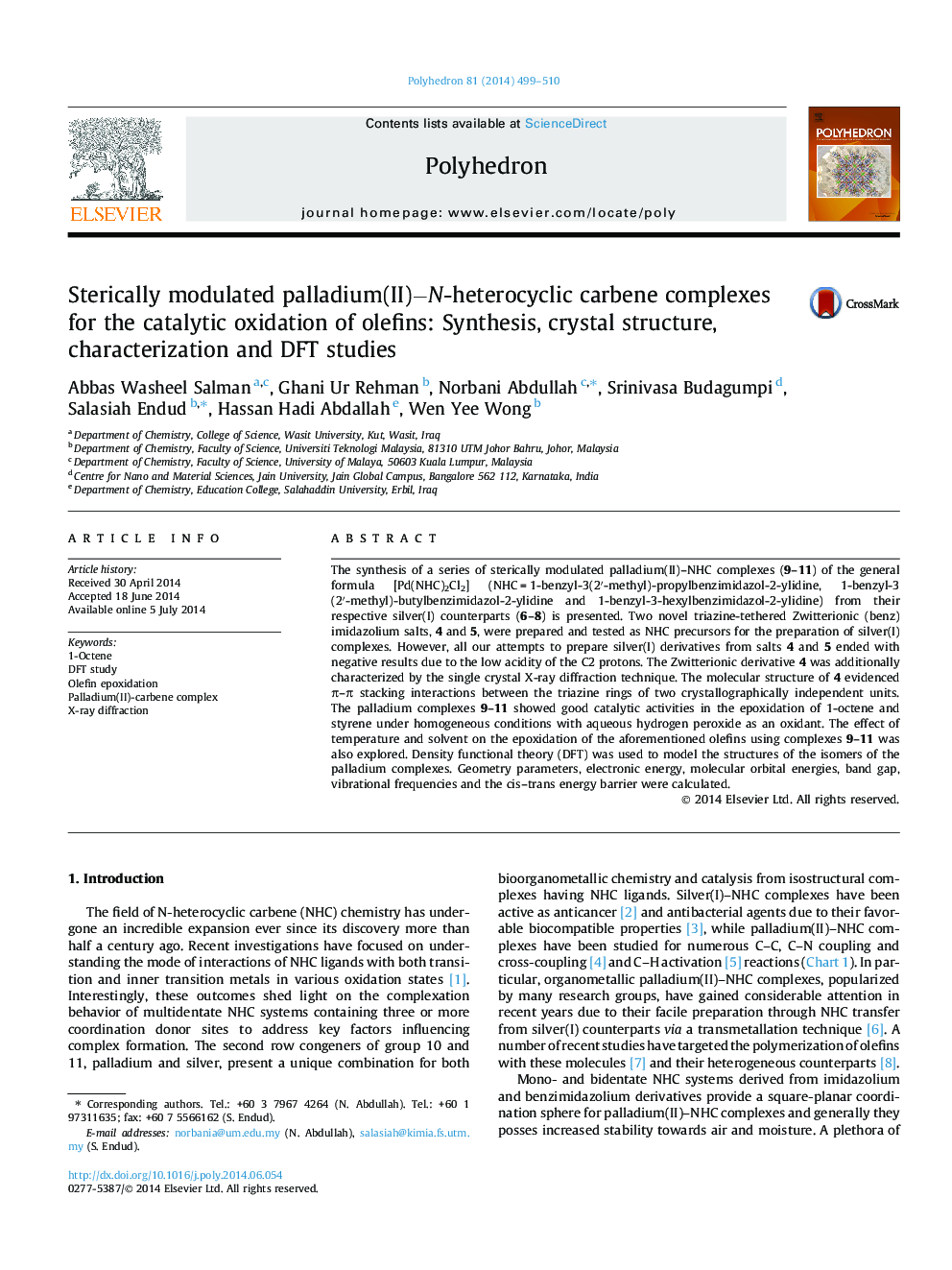 Sterically modulated palladium(II)−N-heterocyclic carbene complexes for the catalytic oxidation of olefins: Synthesis, crystal structure, characterization and DFT studies