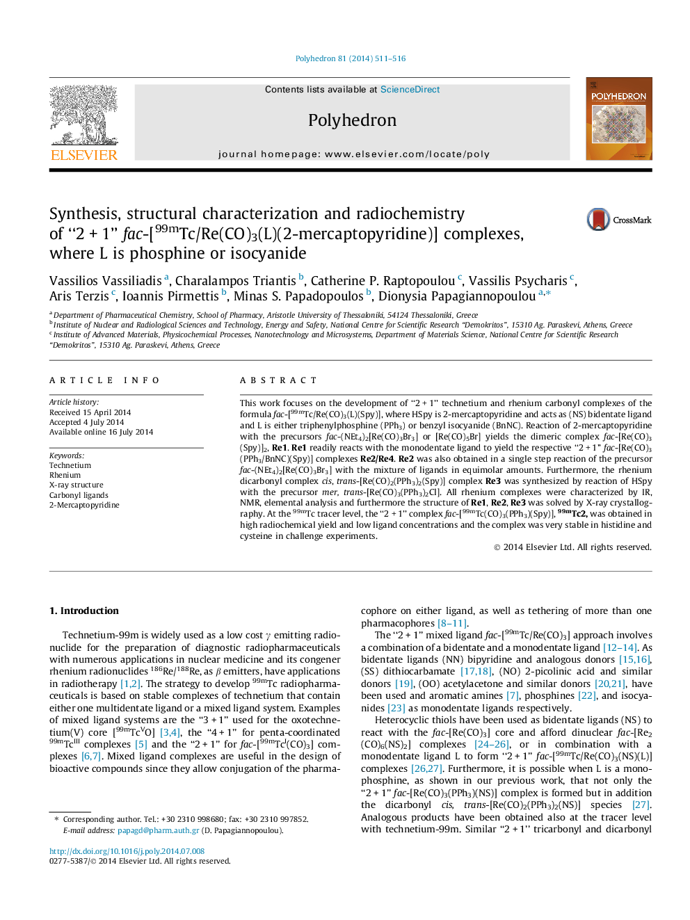 Synthesis, structural characterization and radiochemistry of “2 + 1” fac-[99mTc/Re(CO)3(L)(2-mercaptopyridine)] complexes, where L is phosphine or isocyanide