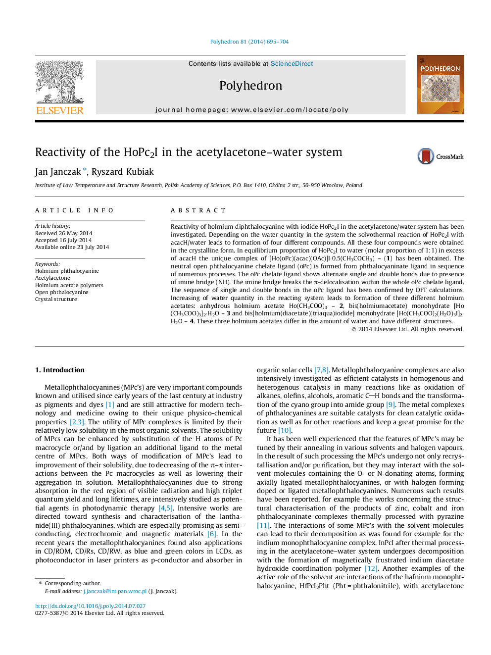 Reactivity of the HoPc2I in the acetylacetone–water system