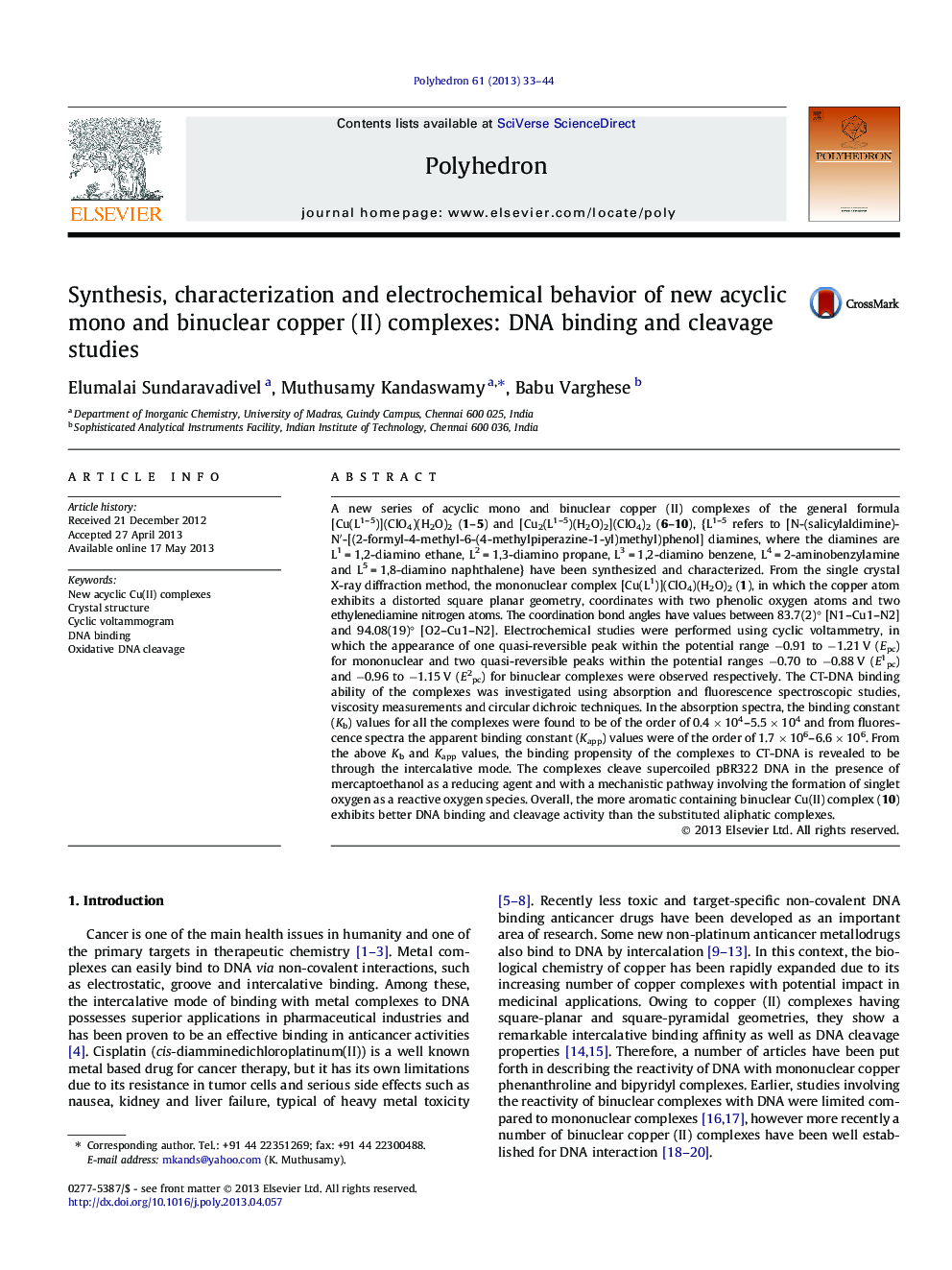 Synthesis, characterization and electrochemical behavior of new acyclic mono and binuclear copper (II) complexes: DNA binding and cleavage studies