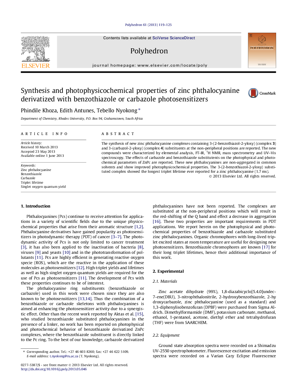 Synthesis and photophysicochemical properties of zinc phthalocyanine derivatized with benzothiazole or carbazole photosensitizers