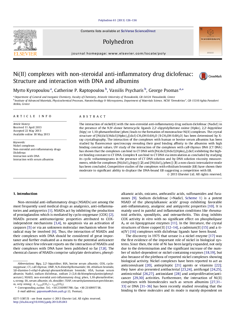 عکس صفحه اول مقاله: Ni(II) complexes with non-steroidal anti-inflammatory drug diclofenac: Structure and interaction with DNA and albumins Ni(II) complexes with non-steroidal anti-inflammatory drug diclofenac: Structure and interaction with DNA and albumins