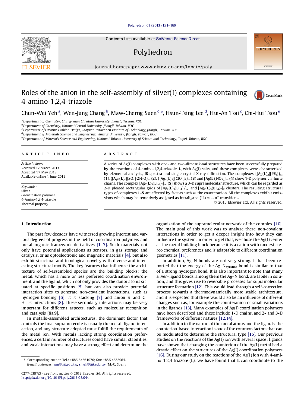 Roles of the anion in the self-assembly of silver(I) complexes containing 4-amino-1,2,4-triazole