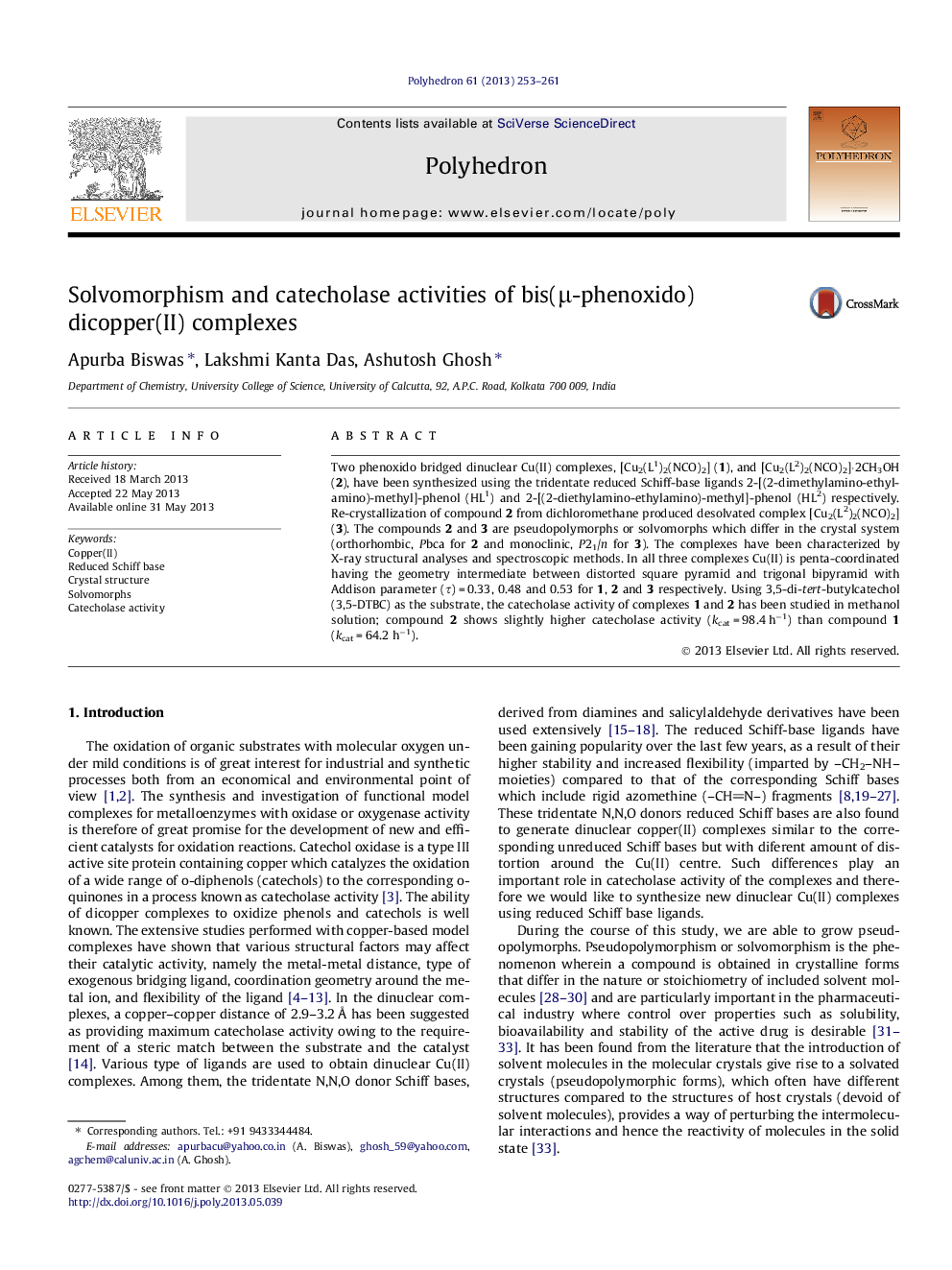 عکس صفحه اول مقاله: Solvomorphism and catecholase activities of bis(μ-phenoxido)dicopper(II) complexes Solvomorphism and catecholase activities of bis(μ-phenoxido)dicopper(II) complexes