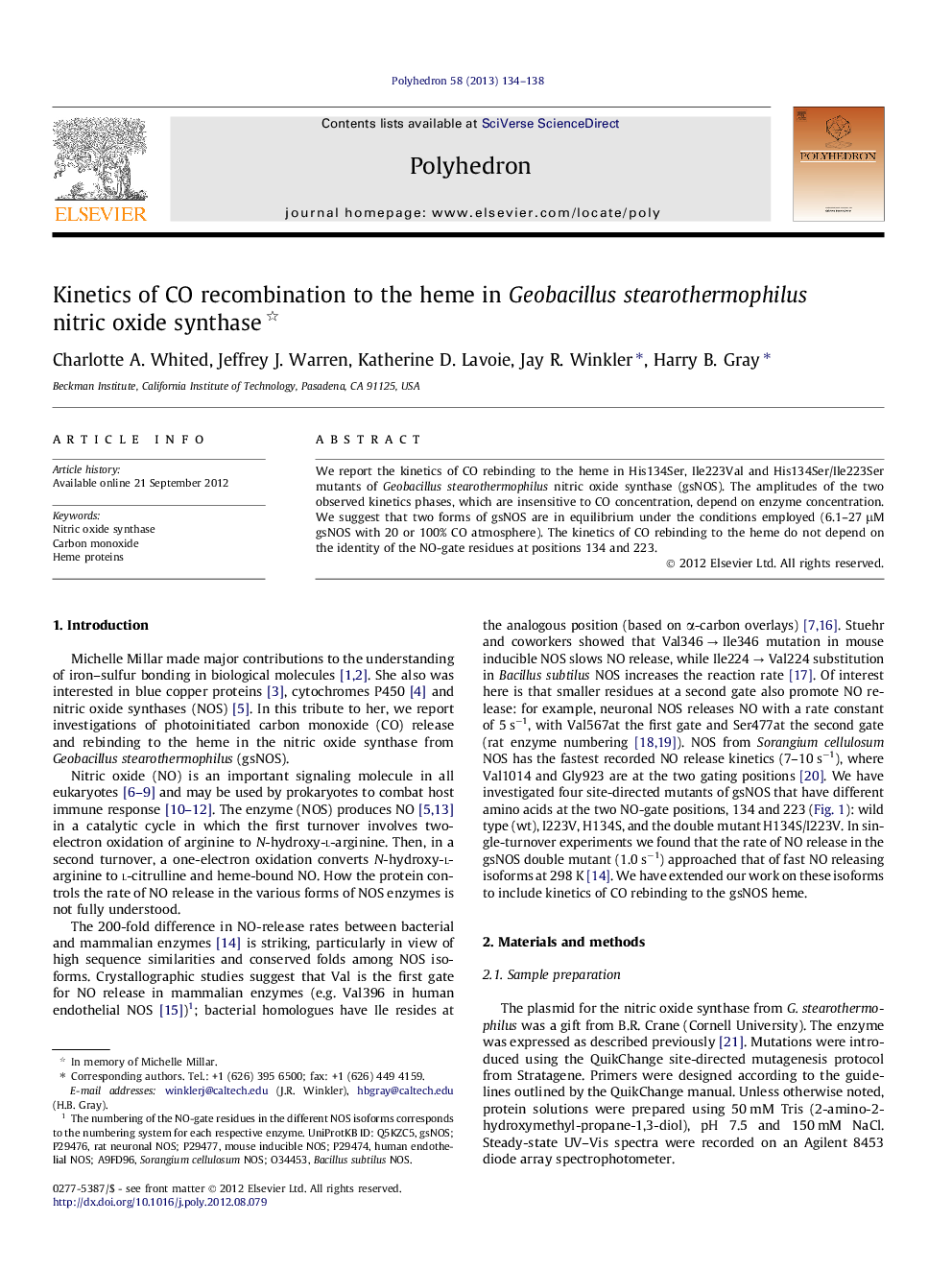 Kinetics of CO recombination to the heme in Geobacillus stearothermophilus nitric oxide synthase