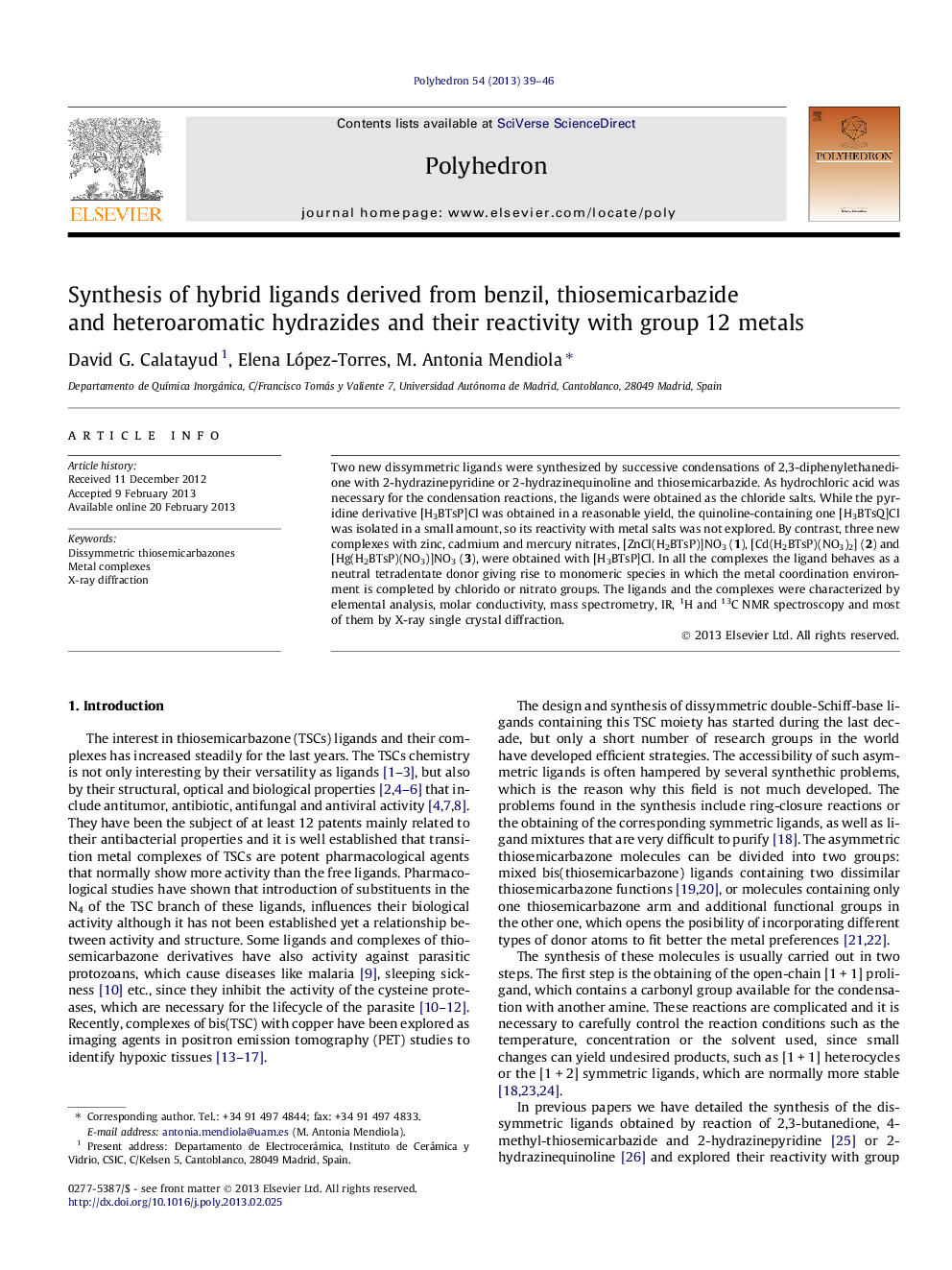 عکس صفحه اول مقاله: Synthesis of hybrid ligands derived from benzil, thiosemicarbazide and heteroaromatic hydrazides and their reactivity with group 12 metals Synthesis of hybrid ligands derived from benzil, thiosemicarbazide and heteroaromatic hydrazides and their reactivity with group 12 metals