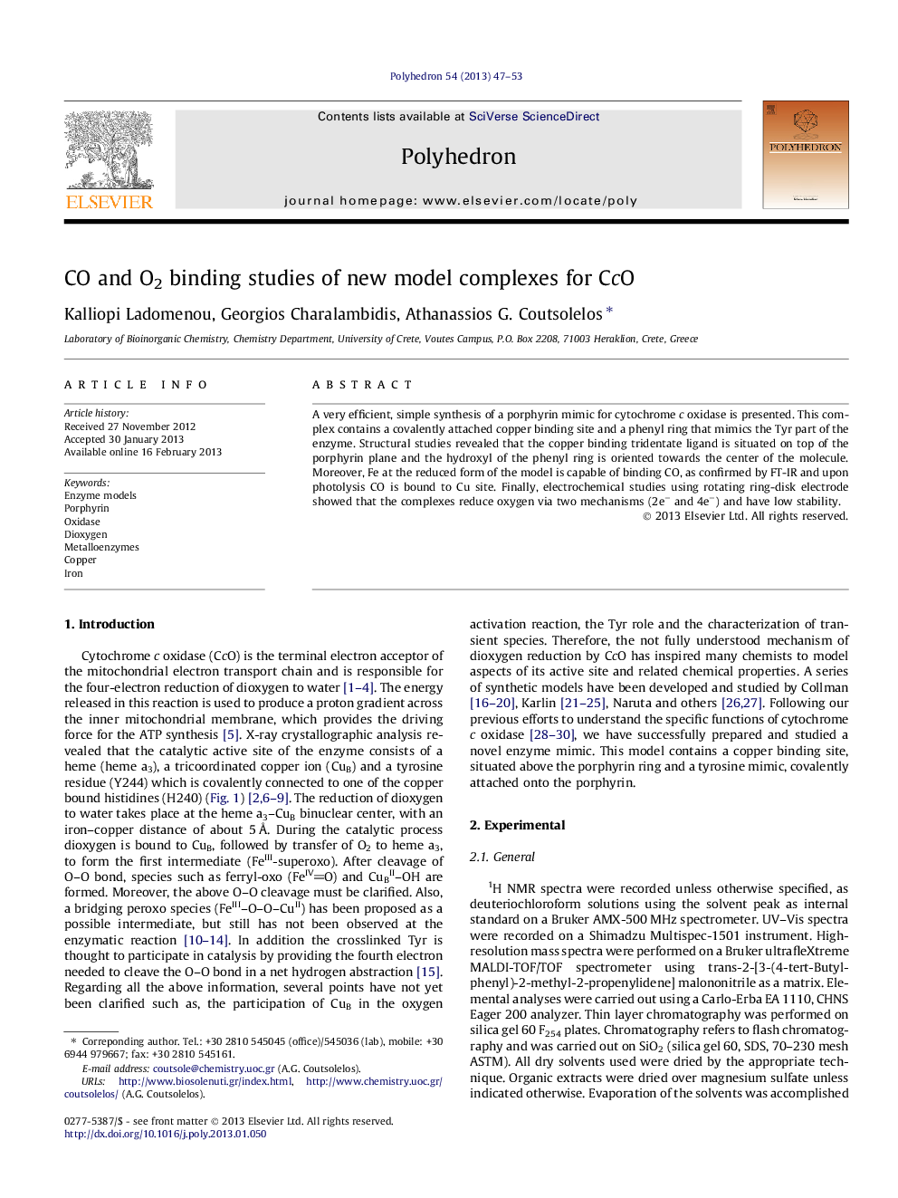 CO and O2 binding studies of new model complexes for CcO