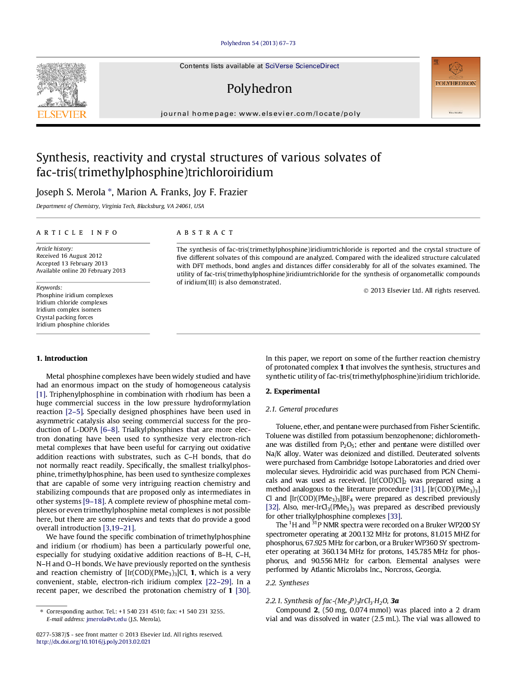 Synthesis, reactivity and crystal structures of various solvates of fac-tris(trimethylphosphine)trichloroiridium