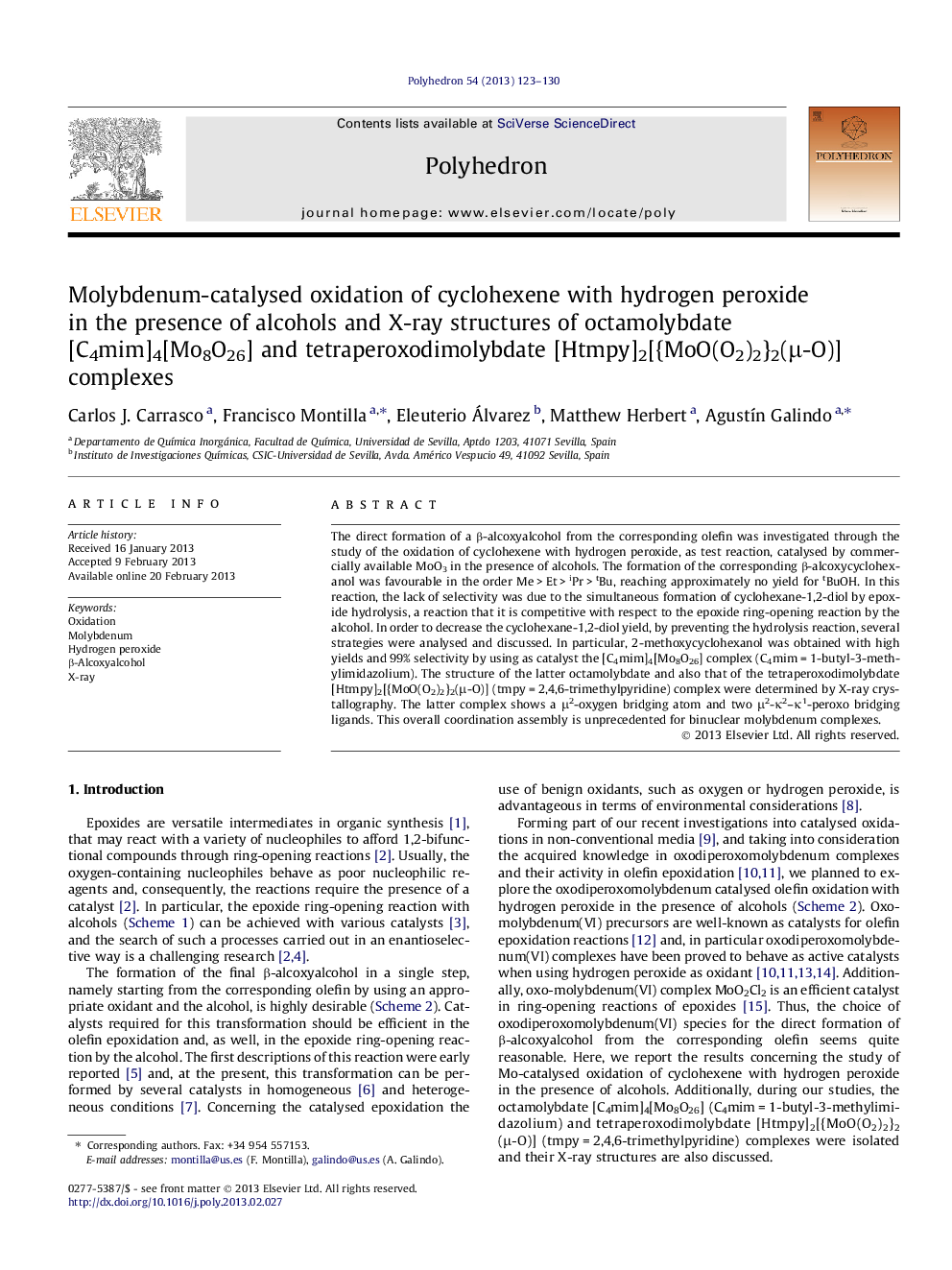 Molybdenum-catalysed oxidation of cyclohexene with hydrogen peroxide in the presence of alcohols and X-ray structures of octamolybdate [C4mim]4[Mo8O26] and tetraperoxodimolybdate [Htmpy]2[{MoO(O2)2}2(μ-O)] complexes