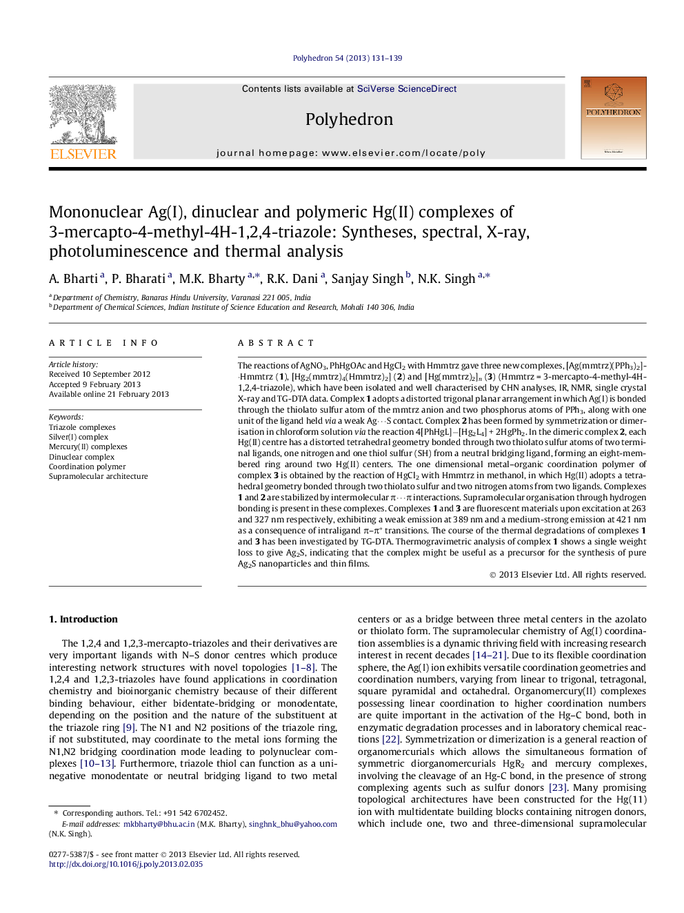 Mononuclear Ag(I), dinuclear and polymeric Hg(II) complexes of 3-mercapto-4-methyl-4H-1,2,4-triazole: Syntheses, spectral, X-ray, photoluminescence and thermal analysis