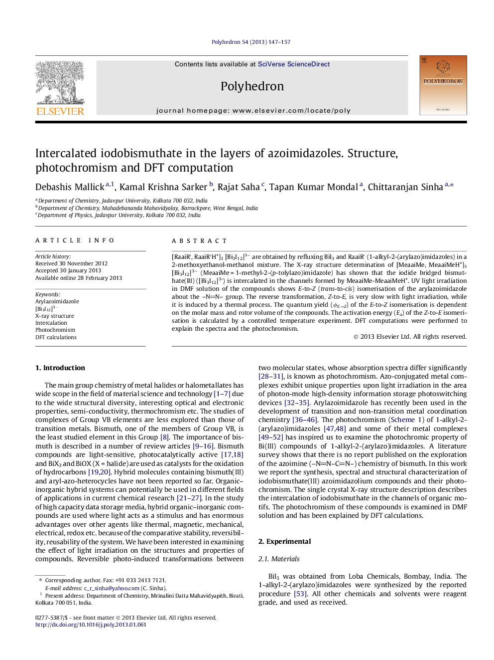 Intercalated iodobismuthate in the layers of azoimidazoles. Structure, photochromism and DFT computation