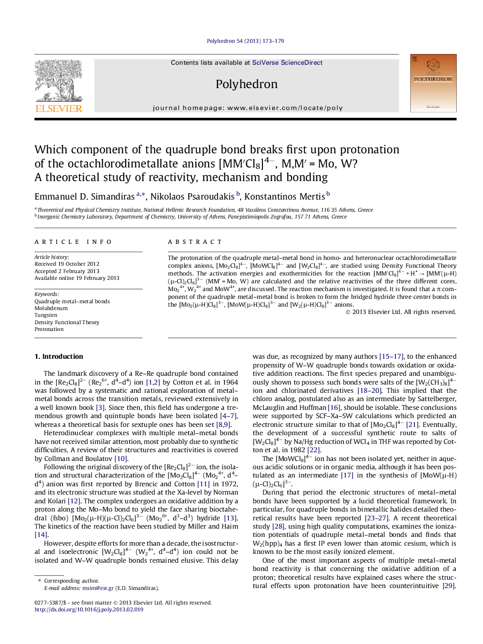 Which component of the quadruple bond breaks first upon protonation of the octachlorodimetallate anions [MM′Cl8]4−, M,M′ = Mo, W? A theoretical study of reactivity, mechanism and bonding