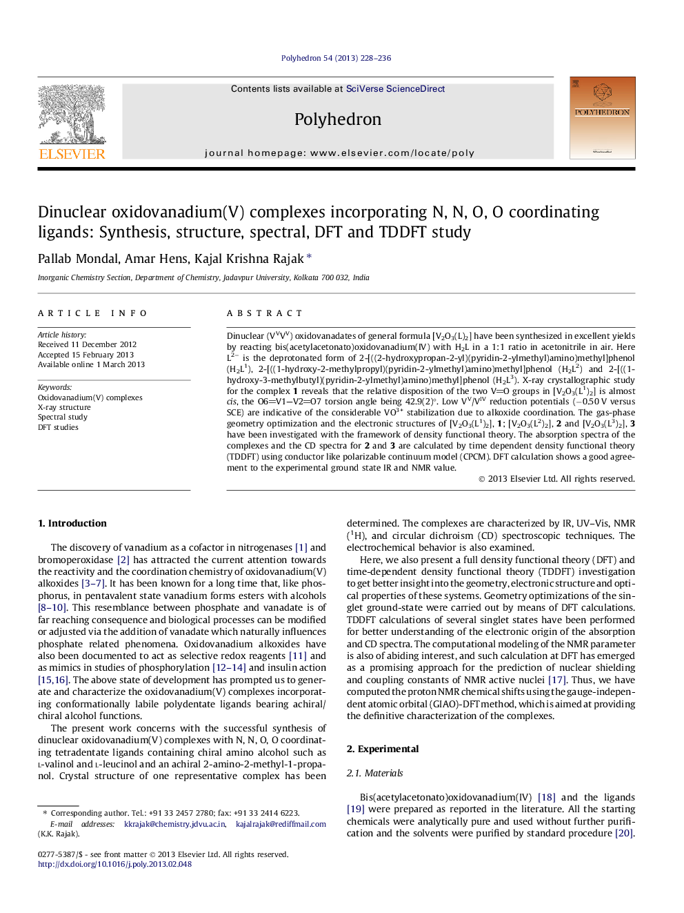 Dinuclear oxidovanadium(V) complexes incorporating N, N, O, O coordinating ligands: Synthesis, structure, spectral, DFT and TDDFT study