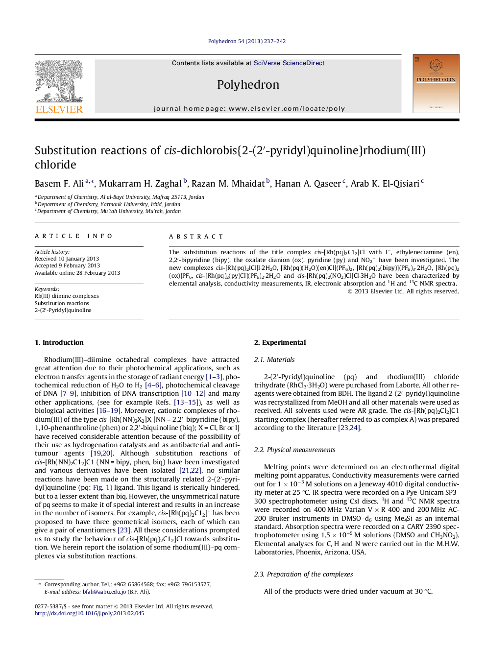 Substitution reactions of cis-dichlorobis{2-(2′-pyridyl)quinoline}rhodium(III) chloride