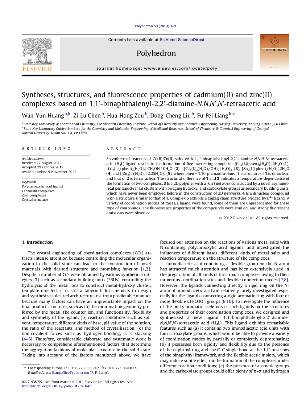 Syntheses, structures, and fluorescence properties of cadmium(II) and zinc(II) complexes based on 1,1′-binaphthalenyl-2,2′-diamine-N,N,N′,N′-tetraacetic acid