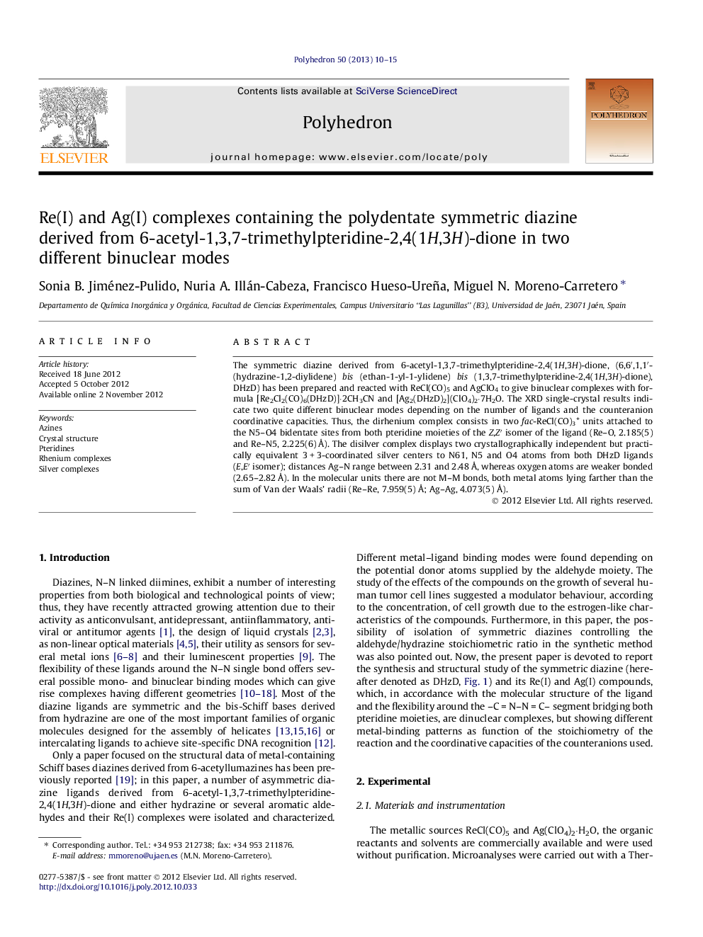 Re(I) and Ag(I) complexes containing the polydentate symmetric diazine derived from 6-acetyl-1,3,7-trimethylpteridine-2,4(1H,3H)-dione in two different binuclear modes