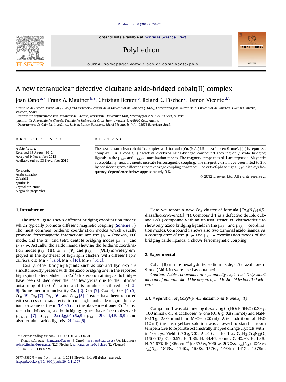 A new tetranuclear defective dicubane azide-bridged cobalt(II) complex