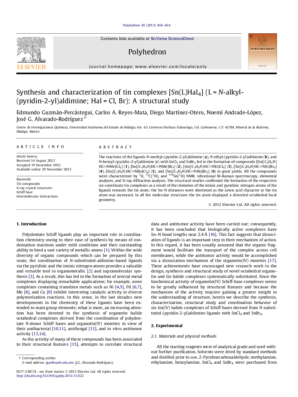 Synthesis and characterization of tin complexes [Sn(L)Hal4] (L = N-alkyl-(pyridin-2-yl)aldimine; Hal = Cl, Br): A structural study