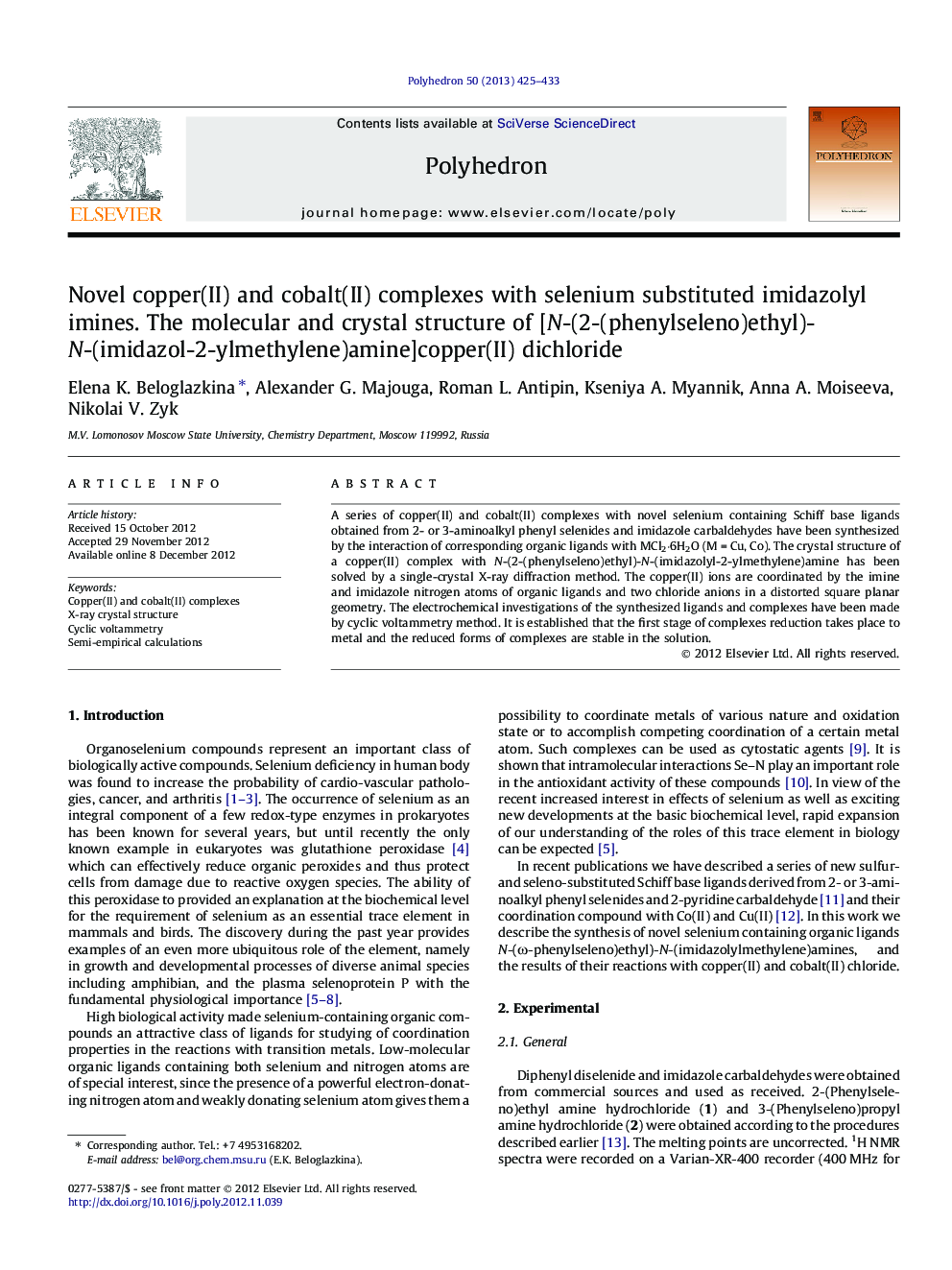 Novel copper(II) and cobalt(II) complexes with selenium substituted imidazolyl imines. The molecular and crystal structure of [N-(2-(phenylseleno)ethyl)-N-(imidazol-2-ylmethylene)amine]copper(II) dichloride