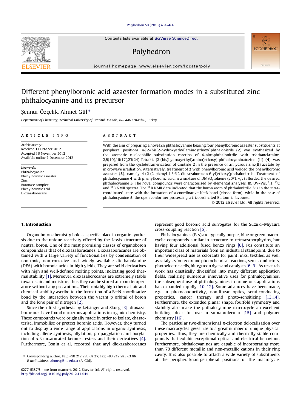 Different phenylboronic acid azaester formation modes in a substituted zinc phthalocyanine and its precursor