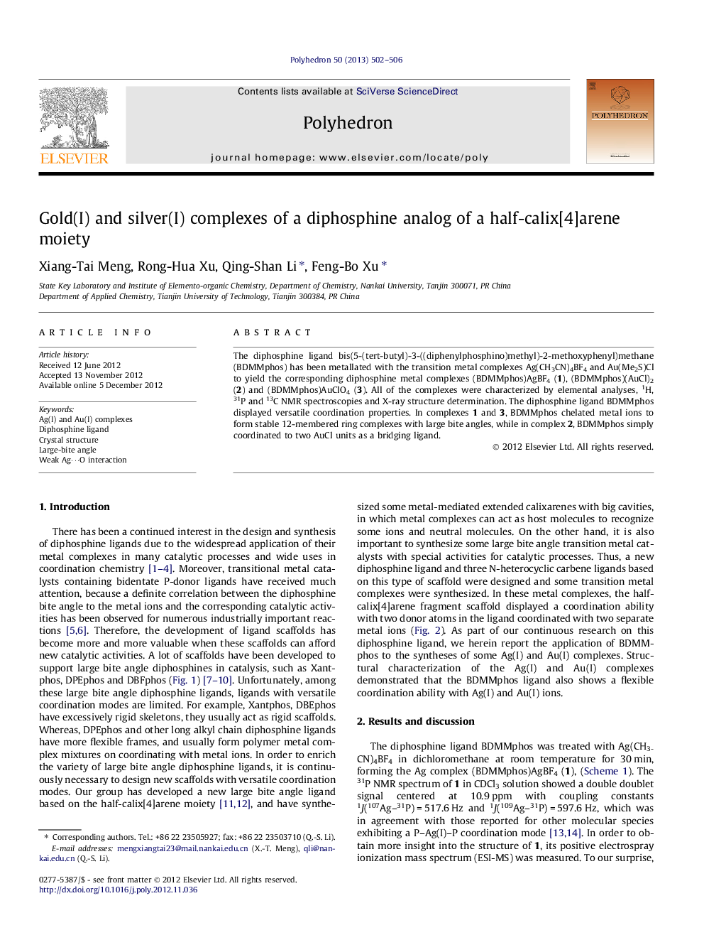 Gold(I) and silver(I) complexes of a diphosphine analog of a half-calix[4]arene moiety