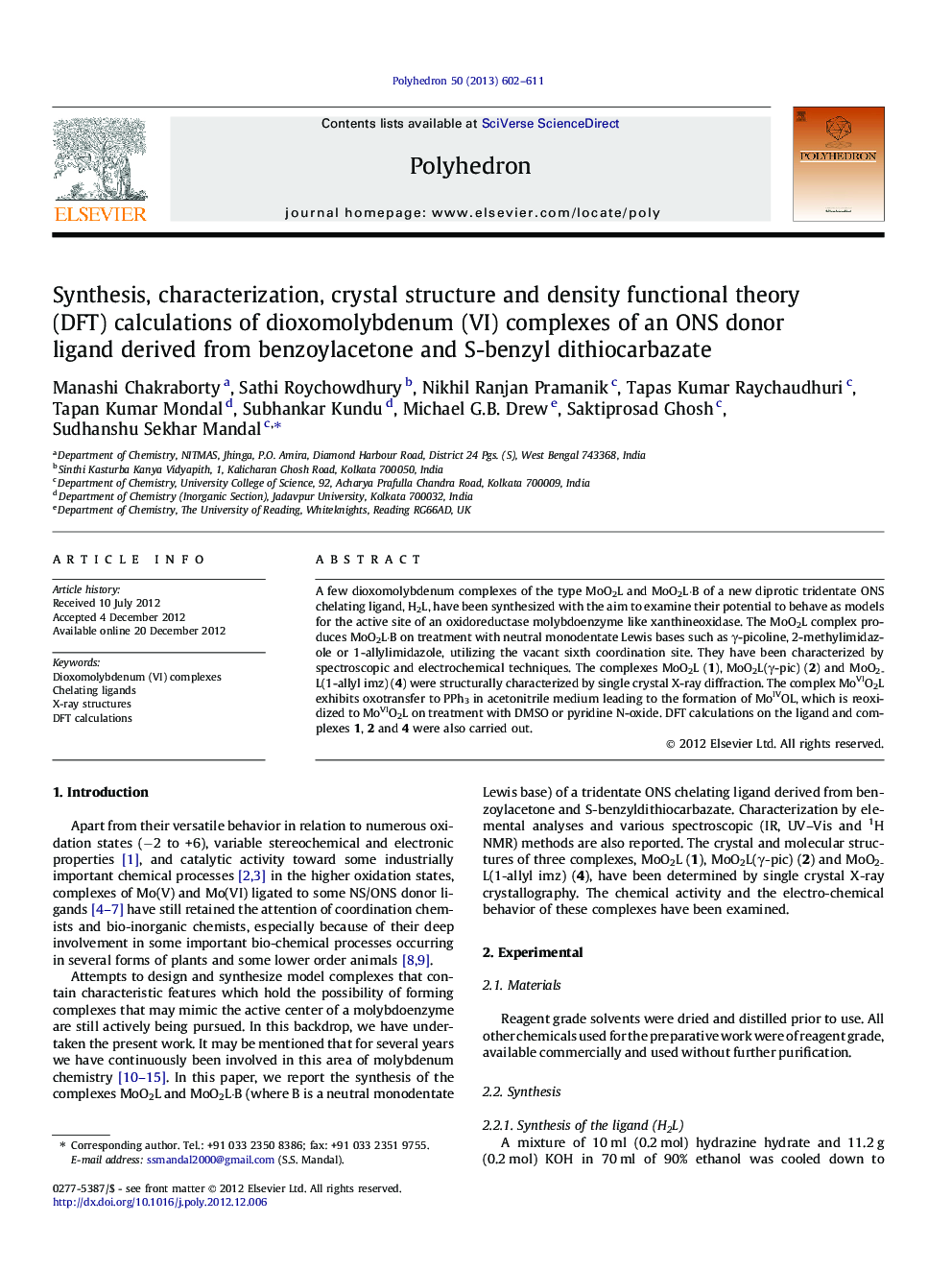 Synthesis, characterization, crystal structure and density functional theory (DFT) calculations of dioxomolybdenum (VI) complexes of an ONS donor ligand derived from benzoylacetone and S-benzyl dithiocarbazate