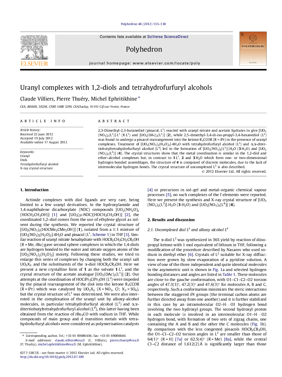 Uranyl complexes with 1,2-diols and tetrahydrofurfuryl alcohols