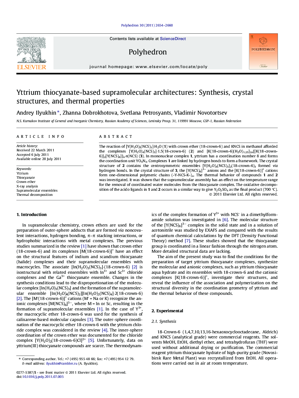 عکس صفحه اول مقاله: Yttrium thiocyanate-based supramolecular architectures: Synthesis, crystal structures, and thermal properties Yttrium thiocyanate-based supramolecular architectures: Synthesis, crystal structures, and thermal properties