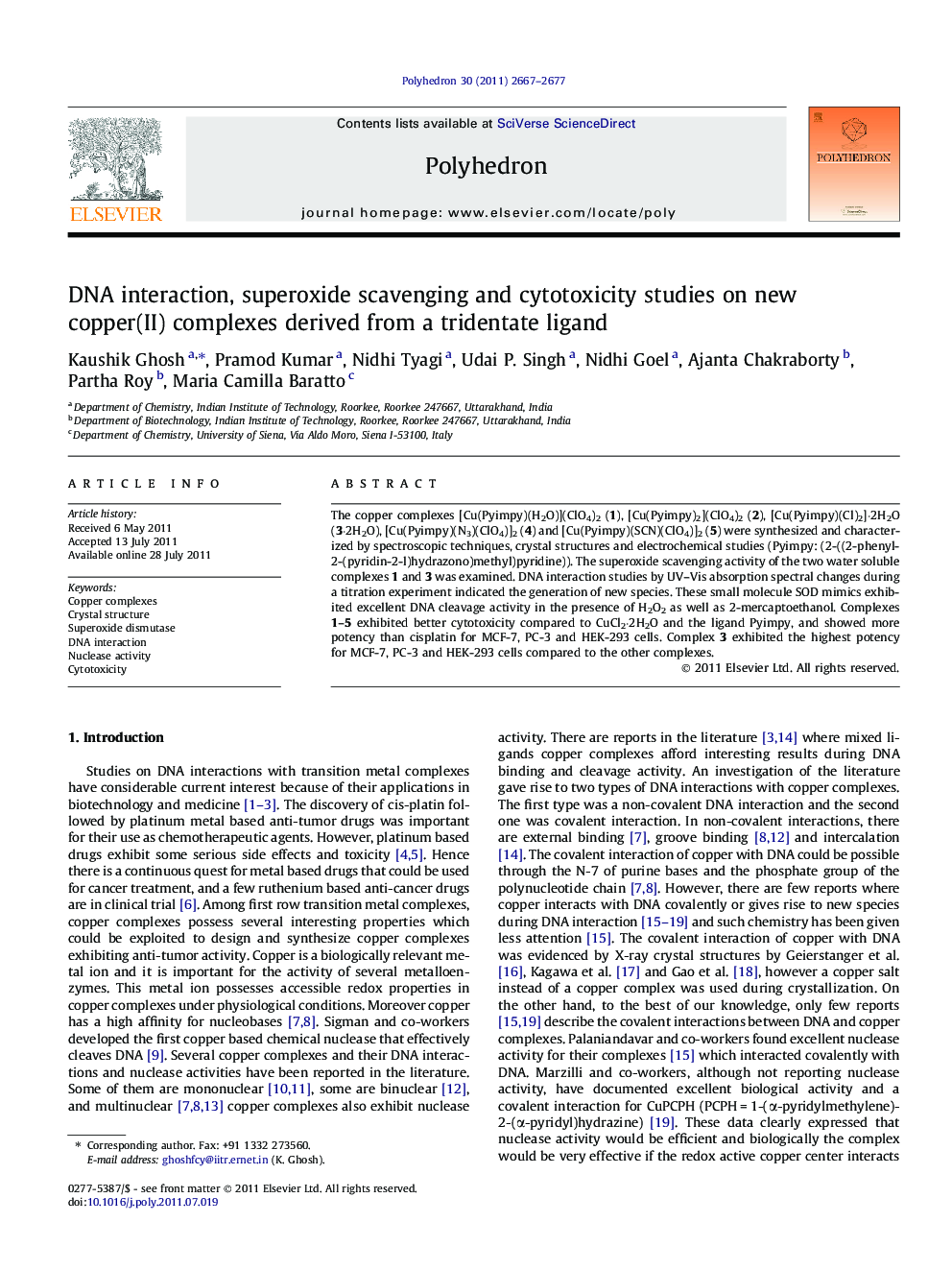 DNA interaction, superoxide scavenging and cytotoxicity studies on new copper(II) complexes derived from a tridentate ligand