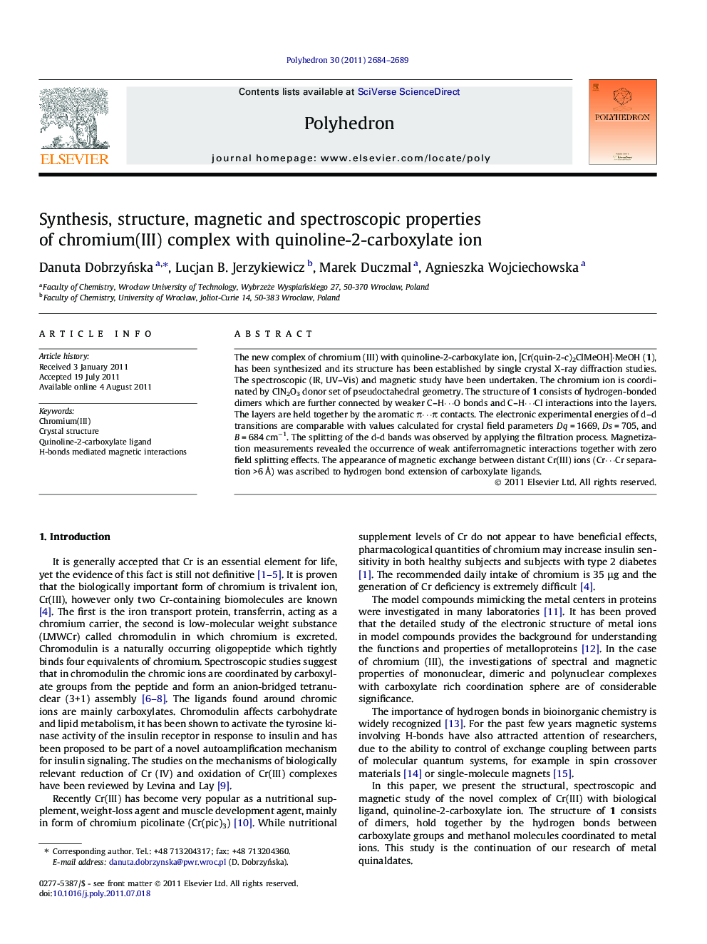 Synthesis, structure, magnetic and spectroscopic properties of chromium(III) complex with quinoline-2-carboxylate ion