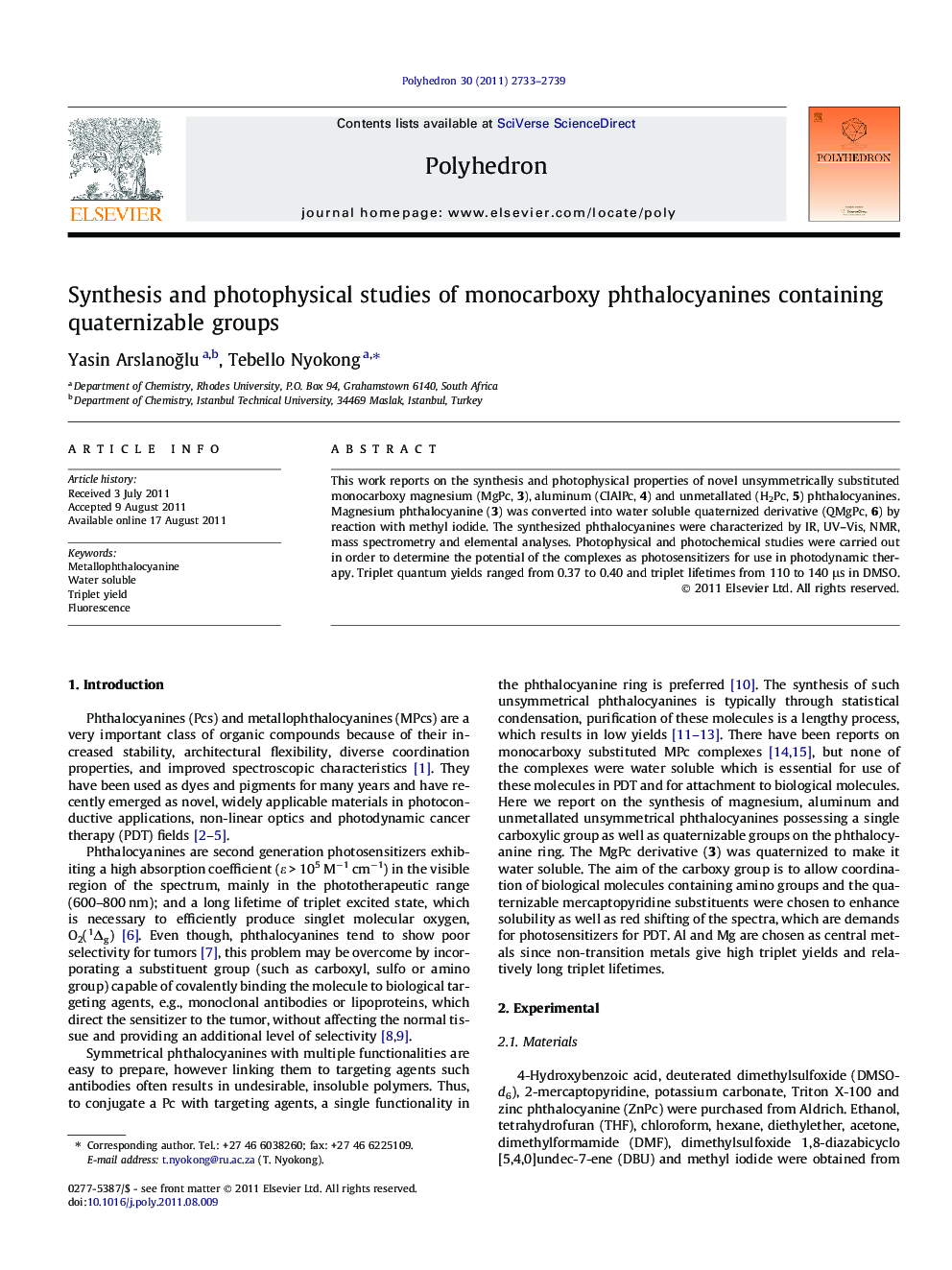 عکس صفحه اول مقاله: Synthesis and photophysical studies of monocarboxy phthalocyanines containing quaternizable groups Synthesis and photophysical studies of monocarboxy phthalocyanines containing quaternizable groups