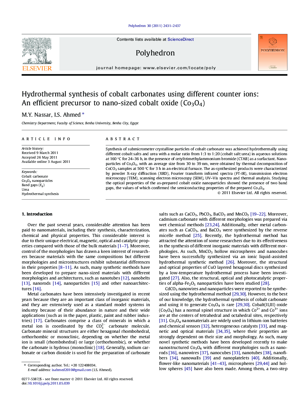 Hydrothermal synthesis of cobalt carbonates using different counter ions: An efficient precursor to nano-sized cobalt oxide (Co3O4)